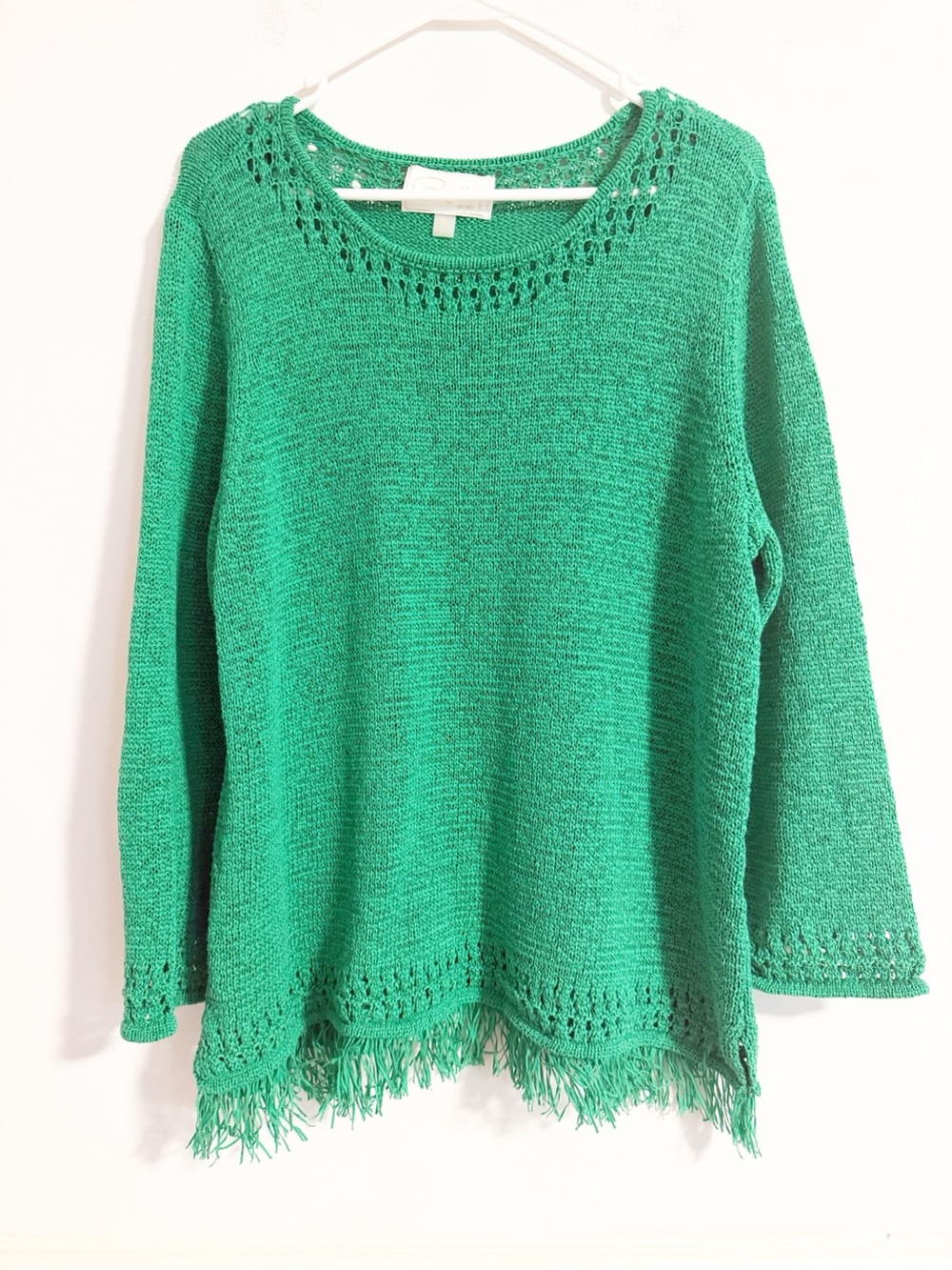 Pappagallo Green Fringe Hem Open Knit Sweater XL Cotton Blend Pullover